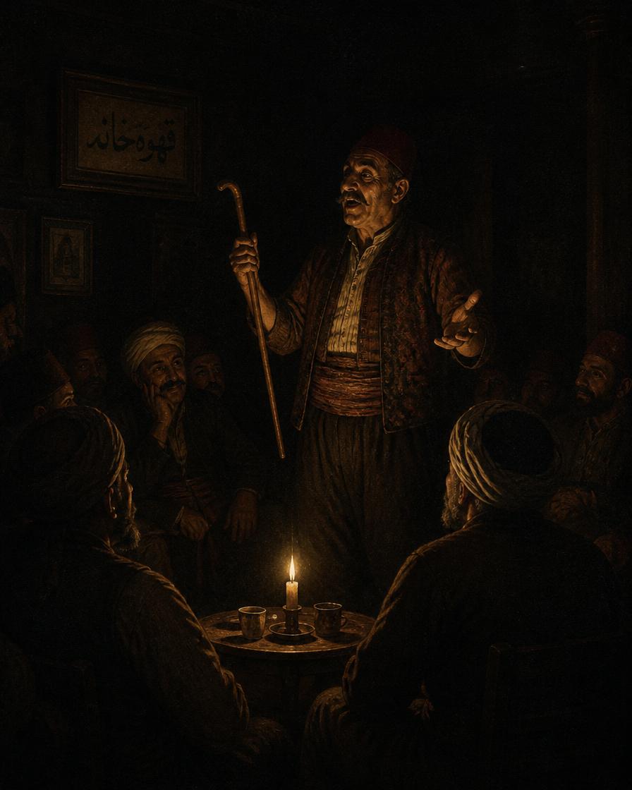 A meddah mid-performance in a candlelit Ottoman coffeehouse, holding a cane.